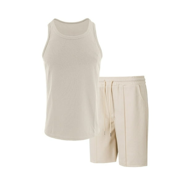 Wyobmus Mens 2 Piece Outfits Summer Casual Track Suit Waffle Knit Sleeveless Tank Top and Shorts Set Casual Jogger Sets S-3X Khaki
