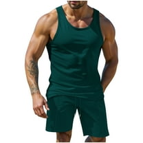 Wyobmus Mens 2 Piece Outfits Summer Casual Track Suit Waffle Knit Sleeveless Tank Top and Shorts Set Casual Jogger Sets S-3X Olive Green