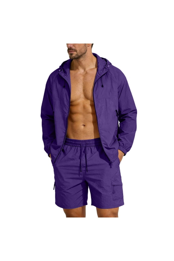 Mens 2 Piece Sun Protection Set Ice Silk Long Sleeve Zip Front Hoodie Shorts Ice Silk Fabric Drawstring Shorts Soft Lightweight Quick Dry Summer Activewear Suit D-Purple
