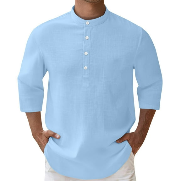 Wyobmus Mens 3/4 Sleeve Henley Shirts Casual Lightweight Tees Tops Summer Button Up Dress Shirts Crew Yoga Hippie Tops Sky Blue