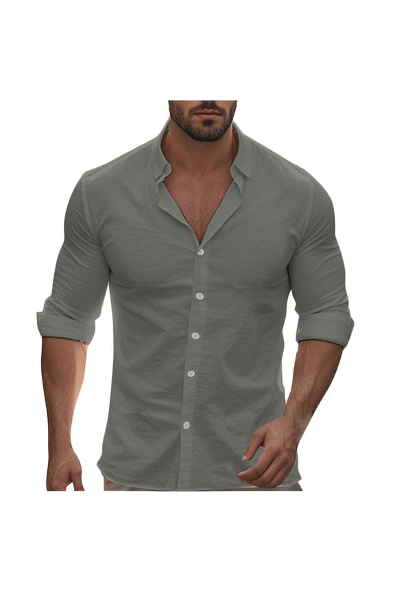 Mens Button Down Shirt Cotton Linen Casual Long Sleeve Shirts Solid Notched Lapel Loose Fit T-Shirt Gray