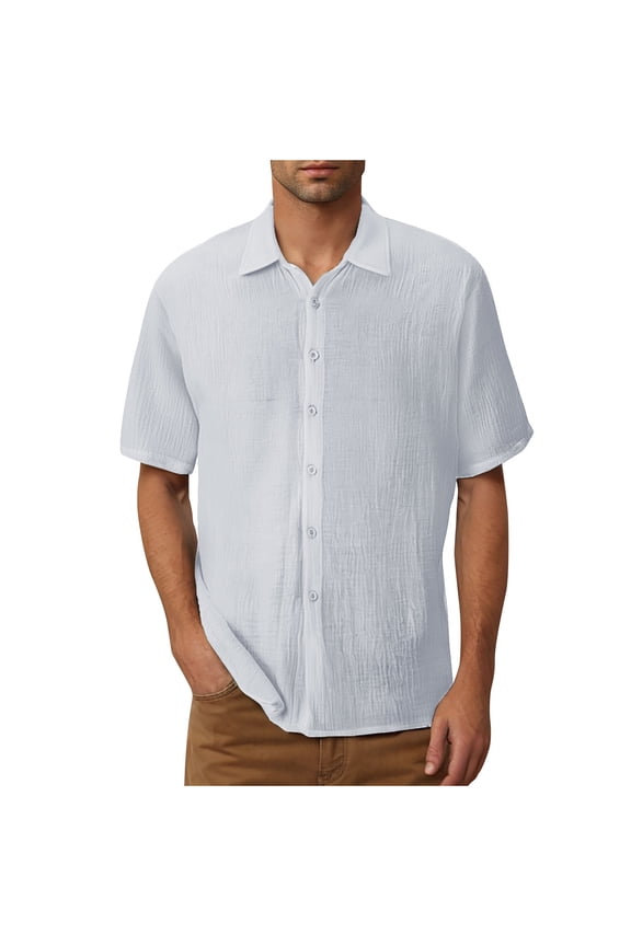 Mens Button Down Shirt Lightweight Loose Short Sleeve Layflat Collar Shirt Summer Loose Beach Resort Tops S-5X,White