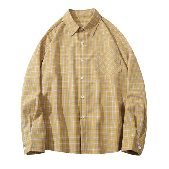 Wyobmus Mens Button Down Shirt Soft Flannel Shirt Cotton Long Sleeve Plaid Casual Dress Shirt C-Yellow