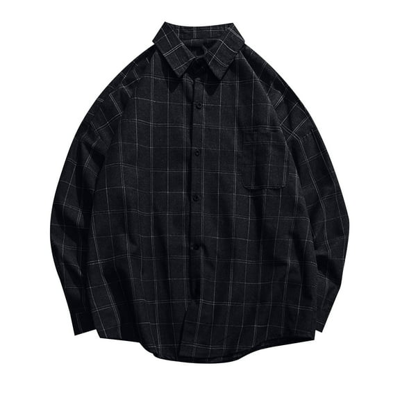 Wyobmus Mens Button Down Shirts Oversized Long Sleeve Casual Plaid Flannel Shirt Turndown Collar Preppy Blouse Black