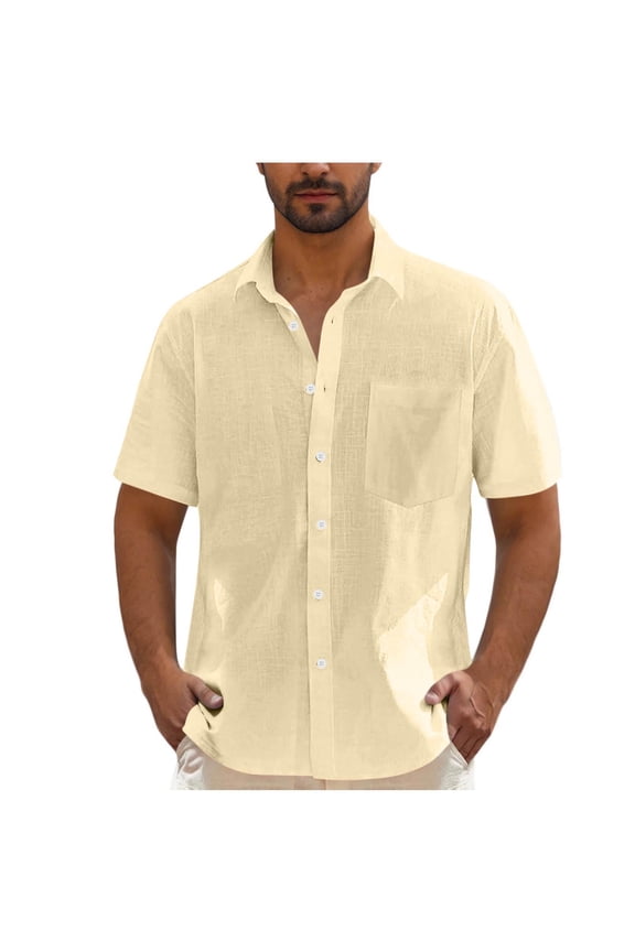 Mens Button Down Shirts Short Sleeve V Neck Cotton Linen Dress Shirts Stretch Summer Vacation Beach Casual Lightweight Tees Tops S-2X Khaki