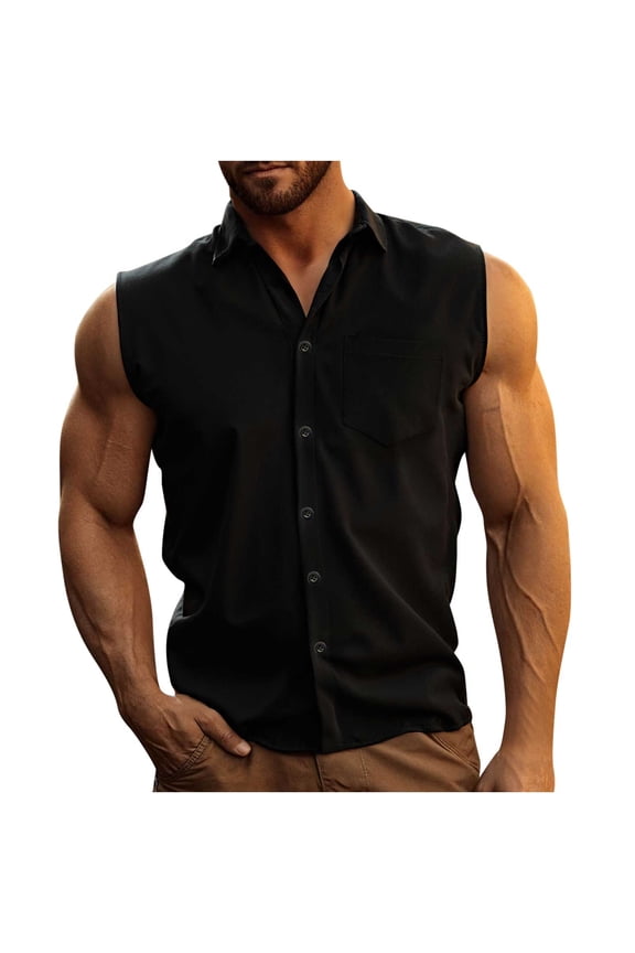 Mens Button Down Tank Tops Sleeveless Basic Shirts Solid Color Tops Blouse Summer Beach Resort Wear Vest With Pocket M-3X Black