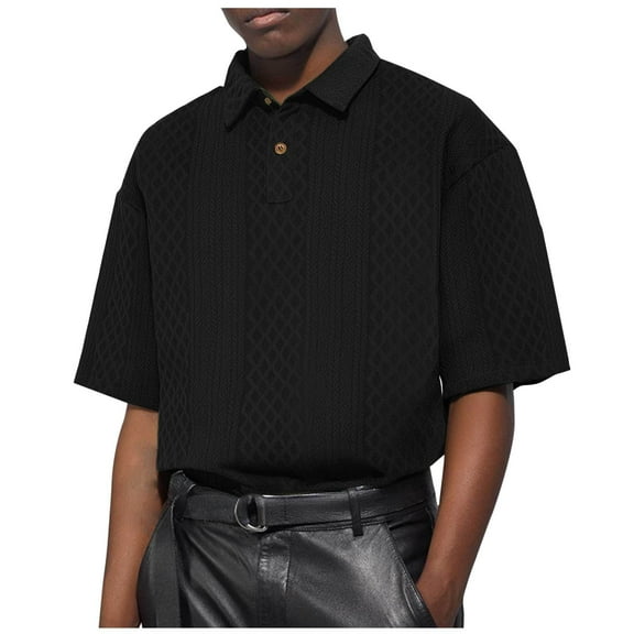 Wyobmus Mens Button Up Shirt Solid Color Loose Casual Knitted Elbow-Length Sleeve Turndown Collar T-Shirt Top Black