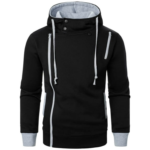 Wyobmus Mens Cardigan Hoodies Casual Slant Zip Pull Over Loose Long Sleeve Solid Hooded Coat Black