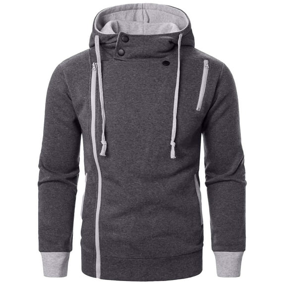 Wyobmus Mens Cardigan Hoodies Casual Slant Zip Pull Over Loose Long Sleeve Solid Hooded Coat Dark Gray