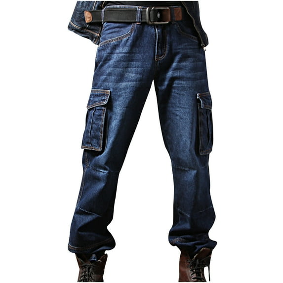 Wyobmus Mens Cargo Denim Pants Outdoors Solid Casual Loose Hip Hop Denim Work Pants Jeans With Cargo Pockets Black