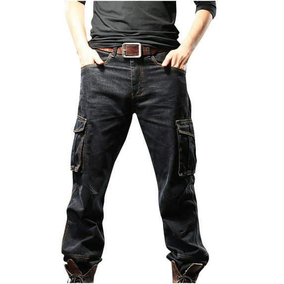 Wyobmus Mens Cargo Denim Pants Outdoors Solid Casual Loose Hip Hop Denim Work Pants Jeans With Cargo Pockets Black