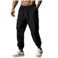 thumbnail image 1 of Wyobmus Mens Cargo Linen Pants Comfy Loose Fit Elastic Waist Lightweight Drawstring Solid Casual Athletic Pants With Pockets S-3X Black, 1 of 9