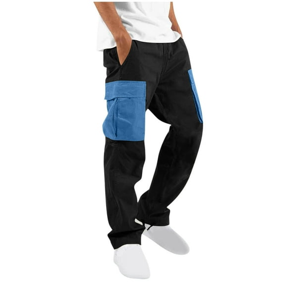 Wyobmus Mens Cargo Pants Elastic Waist Drawstring Joggers Patchworked Workout Sweatpants With Pockets S-3X Blue