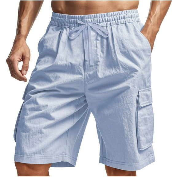 Wyobmus Mens Cargo Shorts Elastic Waist Drawstring Summer Casual Bermuda Short Loose Wide Leg Work Jogger Shorts With Pockets S-3X Light Blue