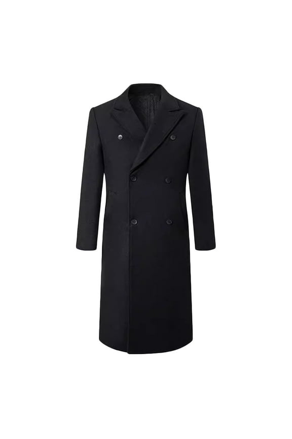 Mens Casual British Style Trench Coat Slim Fit Notched Collar Long Jacket Overcoat Double Breasted Pea Coat Wih Pockets Black