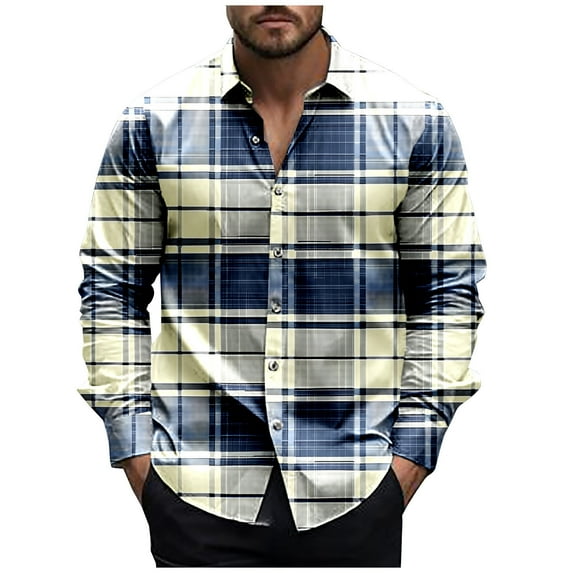 Wyobmus Mens Casual Button Down Shirts Wrinkle Free Stretch Dress Shirs Long Sleeve Turndown Collar Plaid Business Shirts E-Navy