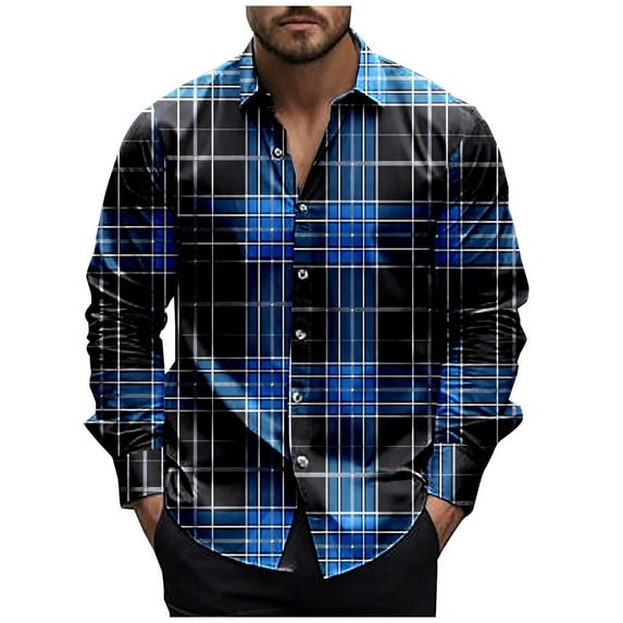 Wyobmus Mens Casual Button Down Shirts Wrinkle Free Stretch Dress Shirs Long Sleeve Turndown Collar Plaid Business Shirts H-Navy