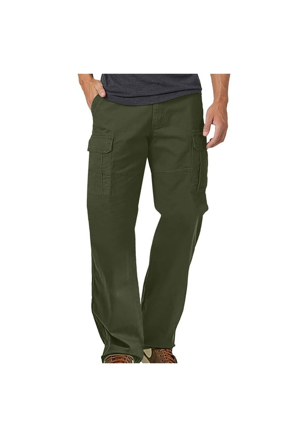 Mens Casual Cargo Pants Solid Color Pocket Workwear Pants Stretch Comfy Straight Leg Pants Olive Green