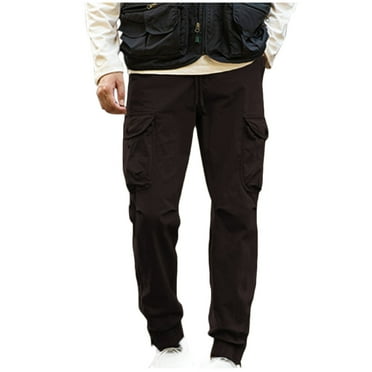 Wyobmus Mens Casual Cotton Cargo Pants Elastic Waist Multi Pockets Zipper Workout Solid Pants Leg Binding Pants A-Black