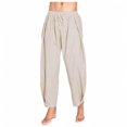 thumbnail image 1 of Wyobmus Mens Casual Linen Pants Summer Beach Cozy Breathable Tapered Pants Elastic Waist Lightweight Drawstring Pleated Lounge Pants Beige, 1 of 5
