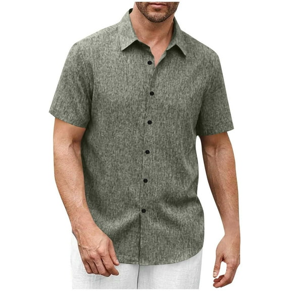 Wyobmus Mens Casual Linen Shirt Short Sleeve Stretch Casual Button Down Shirts Cotton Comfy Solid Summer Beach Shirt Green
