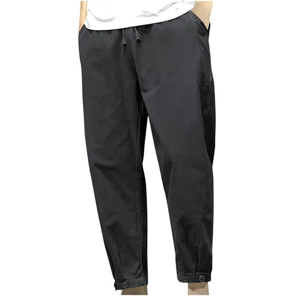 Wyobmus Mens Casual Pants Drawstring Elastic Waist Beach Pants Straight Leg Cropped Sweat Pant Slacks With Pockets L-5XL A-Black