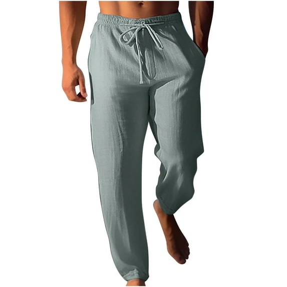 Wyobmus Mens Casual Pants Drawstring Elastic Waist Pants Linen Summer Beach Pants With Pocket A-Green