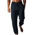thumbnail image 1 of Wyobmus Mens Casual Pants Drawstring Elastic Waist Pants Linen Summer Beach Pants With Pocket A-Navy, 1 of 6