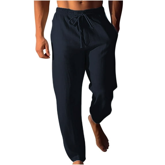 Wyobmus Mens Casual Pants Drawstring Elastic Waist Pants Linen Summer Beach Pants With Pocket A-Navy
