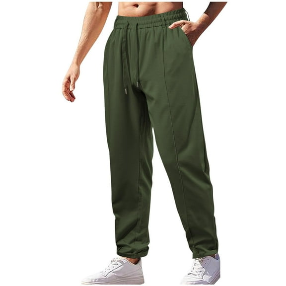 Wyobmus Mens Casual Pants Elastic Waist Drawstring Lightweight Straight Fit Summer Beach Trousers With Pockets S-3X Olive Green
