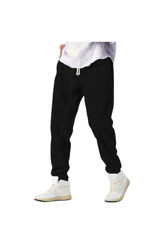 Mens Casual Running Pants Waffle Textured Drawstring Stretch Elastic Waist Workout Joggers With Pockets S-3X Black