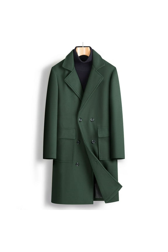 Mens Casual Trench Coat Slim Fit Notched Collar Long Jacket Overcoat Double Breasted Pea Coat Wih Pockets Olive Green