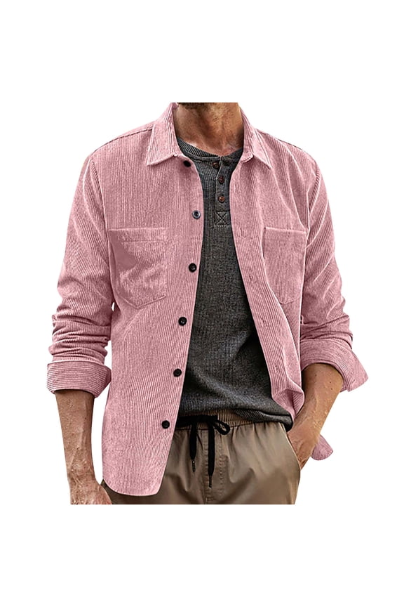 Mens Corduroy Button Down Shirt with Flap Pocket Casual Western Retro Long Sleeve Lapel Shacket Jacket Fall Fashion Clothes D-Pink