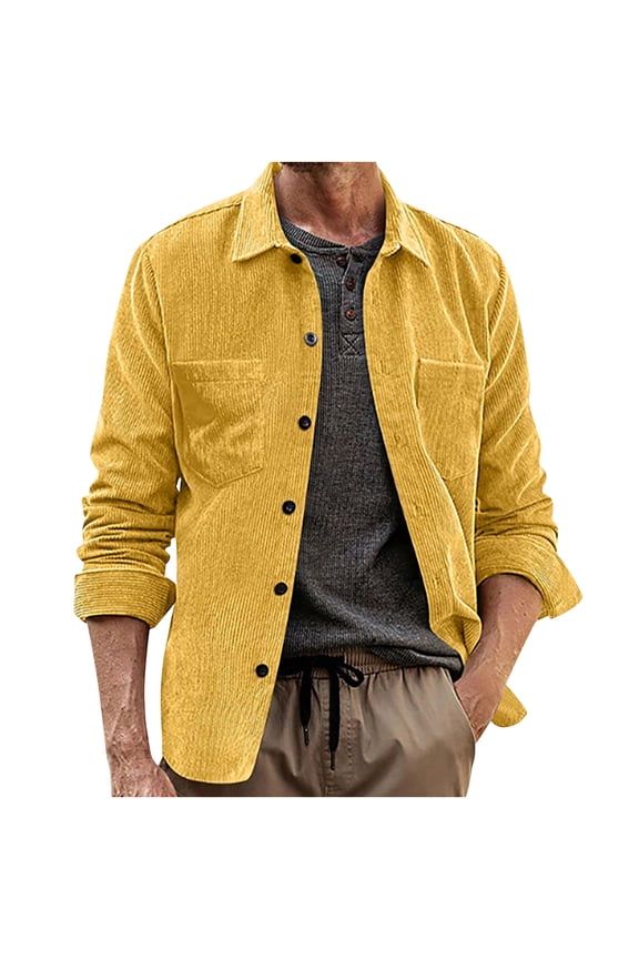 Mens Corduroy Button Down Shirt with Flap Pocket Casual Western Retro Long Sleeve Lapel Shacket Jacket Fall Fashion Clothes D-Yellow