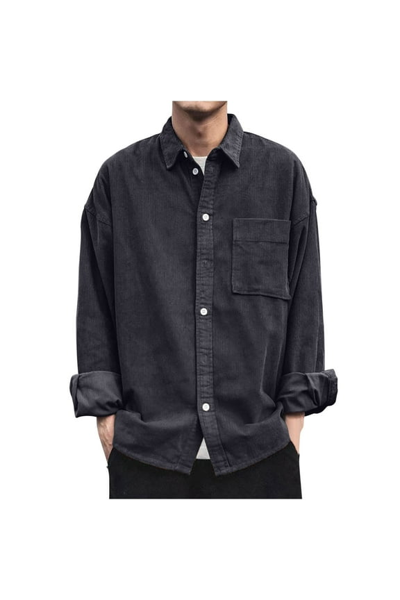 Mens Corduroy Button Down Shirt with Flap Pocket Casual Western Retro Long Sleeve Lapel Shacket Jacket Fall Fashion Clothes A-Black
