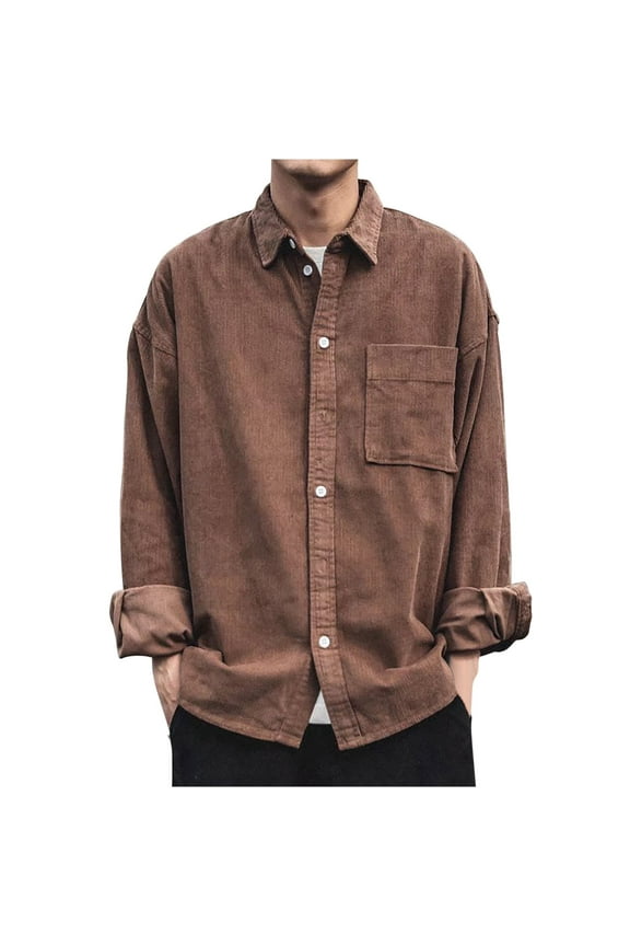 Mens Corduroy Button Down Shirt with Flap Pocket Casual Western Retro Long Sleeve Lapel Shacket Jacket Fall Fashion Clothes A-Brown