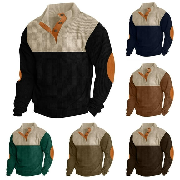 Wyobmus Mens Corduroy Shirt Lapel Fleece Pullover Sweatshirts Mock Neck Long Sleeve Sweaters Winter Jackets With Elbow Patches Black