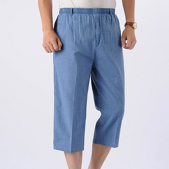 Wyobmus Mens Cotton Linen Capris Long Elastic Shorts Ultra-Thin Below Knee Shorts 3/4 Elastic Waist Casual Shorts With Pockets,XL-5XL Blue