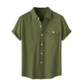 thumbnail image 1 of Wyobmus Mens Cotton Linen Shirt Casual Solid Color Button Down Cardigan Tshirt Pocket Short Sleeve Turndown Collar Blouse Shirt Olive Green, 1 of 1