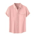 thumbnail image 1 of Wyobmus Mens Cotton Linen Shirt Casual Solid Color Button Down Cardigan Tshirt Pocket Short Sleeve Turndown Collar Blouse Shirt Pink, 1 of 1