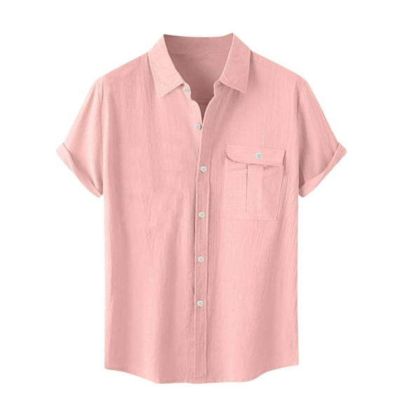 Wyobmus Mens Cotton Linen Shirt Casual Solid Color Button Down Cardigan Tshirt Pocket Short Sleeve Turndown Collar Blouse Shirt Pink