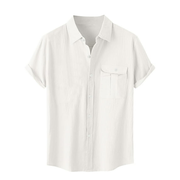 Wyobmus Mens Cotton Linen Shirt Casual Solid Color Button Down Cardigan Tshirt Pocket Short Sleeve Turndown Collar Blouse Shirt White