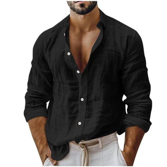 Wyobmus Mens Cotton Linen Shirts Long Sleeve Button Down Henley Shirts Cotton Summer Beach Cuban Shirts Vacation Hawaiian Shirts B-Black