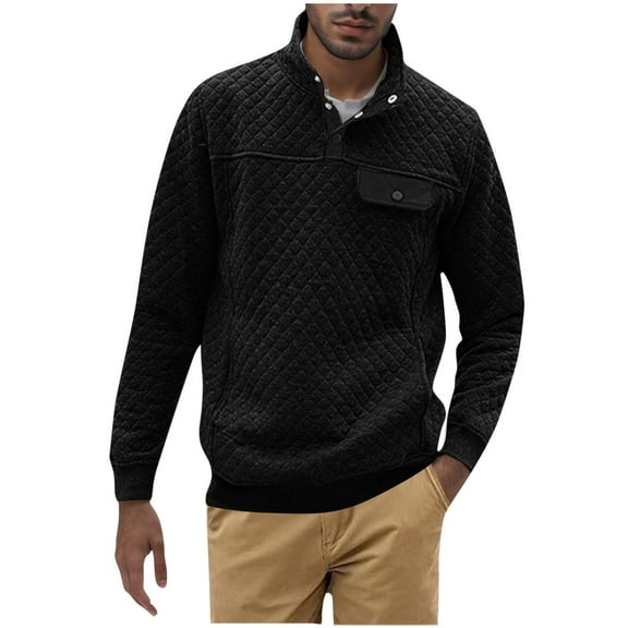 Wyobmus Mens Cotton Long Sleeve Sweatshirts Fashion Solid Color Pullover Button Mock Neck Textured Ribbed Shirt Black