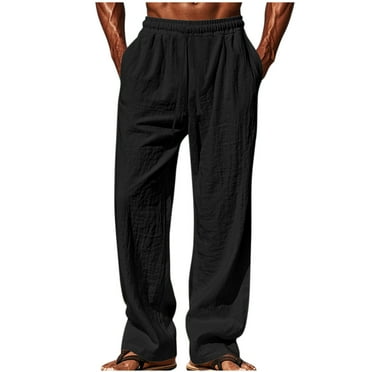 Wyobmus Mens Cotton Pants Summer Soft Beach Pants Lightweight Drawstring Elastic Waist Casual Fitting Trousers A-Black