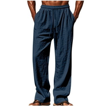 Wyobmus Mens Cotton Pants Summer Soft Beach Pants Lightweight Drawstring Elastic Waist Casual Fitting Trousers A-Navy