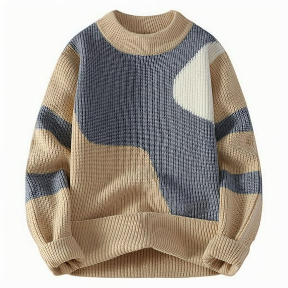 Wyobmus Mens Crewneck Sweaters Casual Colorblocked Jacquard Kintted Pullover Thickened Warm Base Shirt Blouse C-Khaki