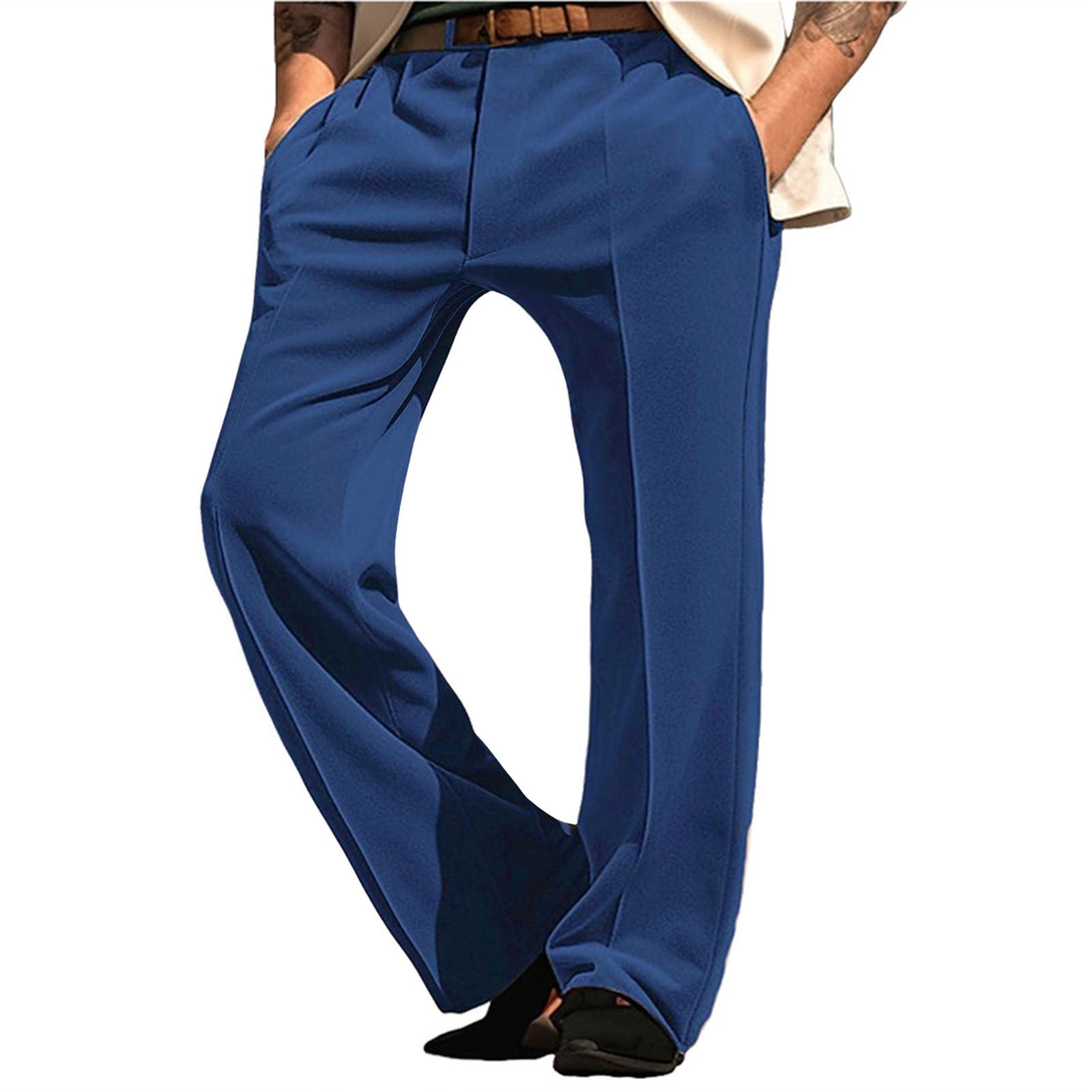 Wyobmus Mens Dress Pants Classic Fit Expandable-Waist Flat Front Button ...