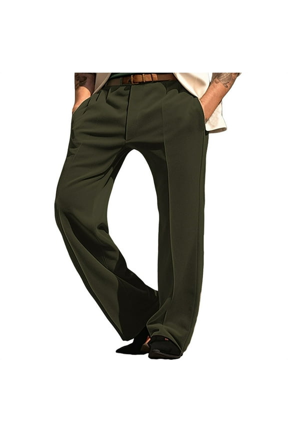 Mens Dress Pants Classic Fit Expandable-Waist Flat Front Button Ziper Business Affairs Dress Pant Olive Green