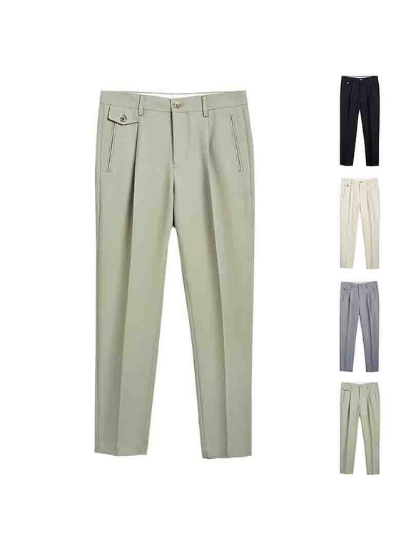 Mens Plus Size Casual Dress Pants Pleated Front Hidden Comfort Waistband Tailored Trousers Solid Straight Leg Chino Pants S-5X Green